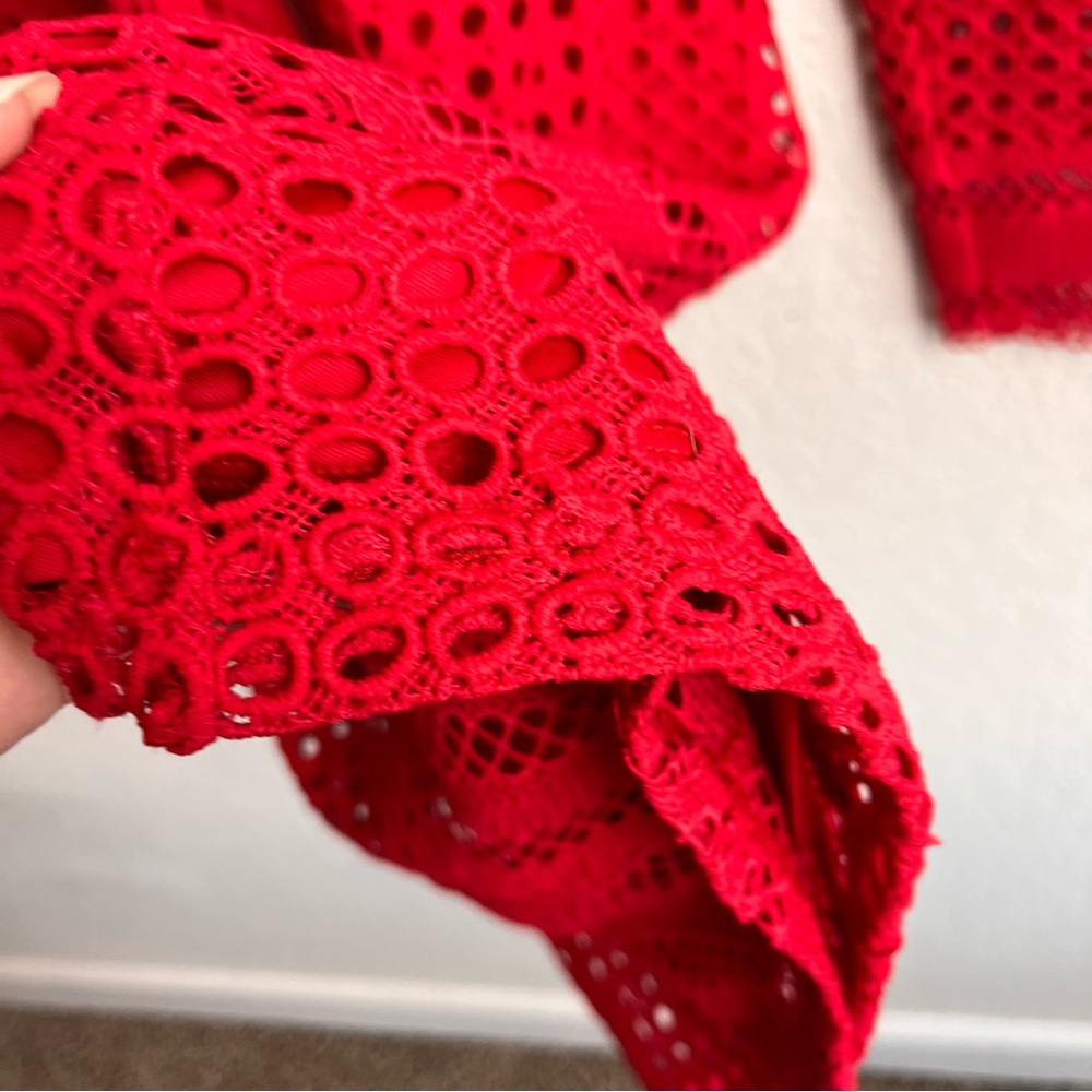 ASTR The Label Red Lace Bodycon Mini Dress Small S Long Sleeve Cutout Eyelet - Picture 10 of 11